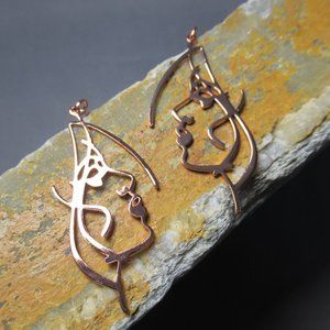 Rose Gold Dreaming Face Woman Earrings, Abstract Pierced